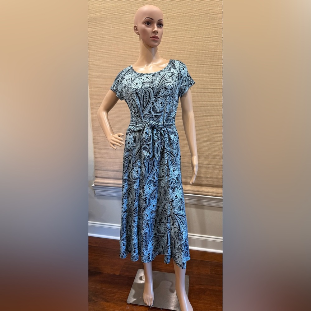 Perceptions Sky Blue and Black Paisley Midi Dress